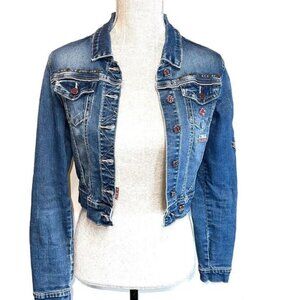 T&C Egyptian Stretch Denim Jean Jacket Crop T Logo Button Front Sz Womens XS